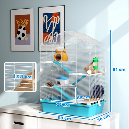 5-Tier Hamster Cage Small Animal House with Platforms Bowl Drinker Hut Ramps and Exercise Wheel 58x36x81 cm Light Blue