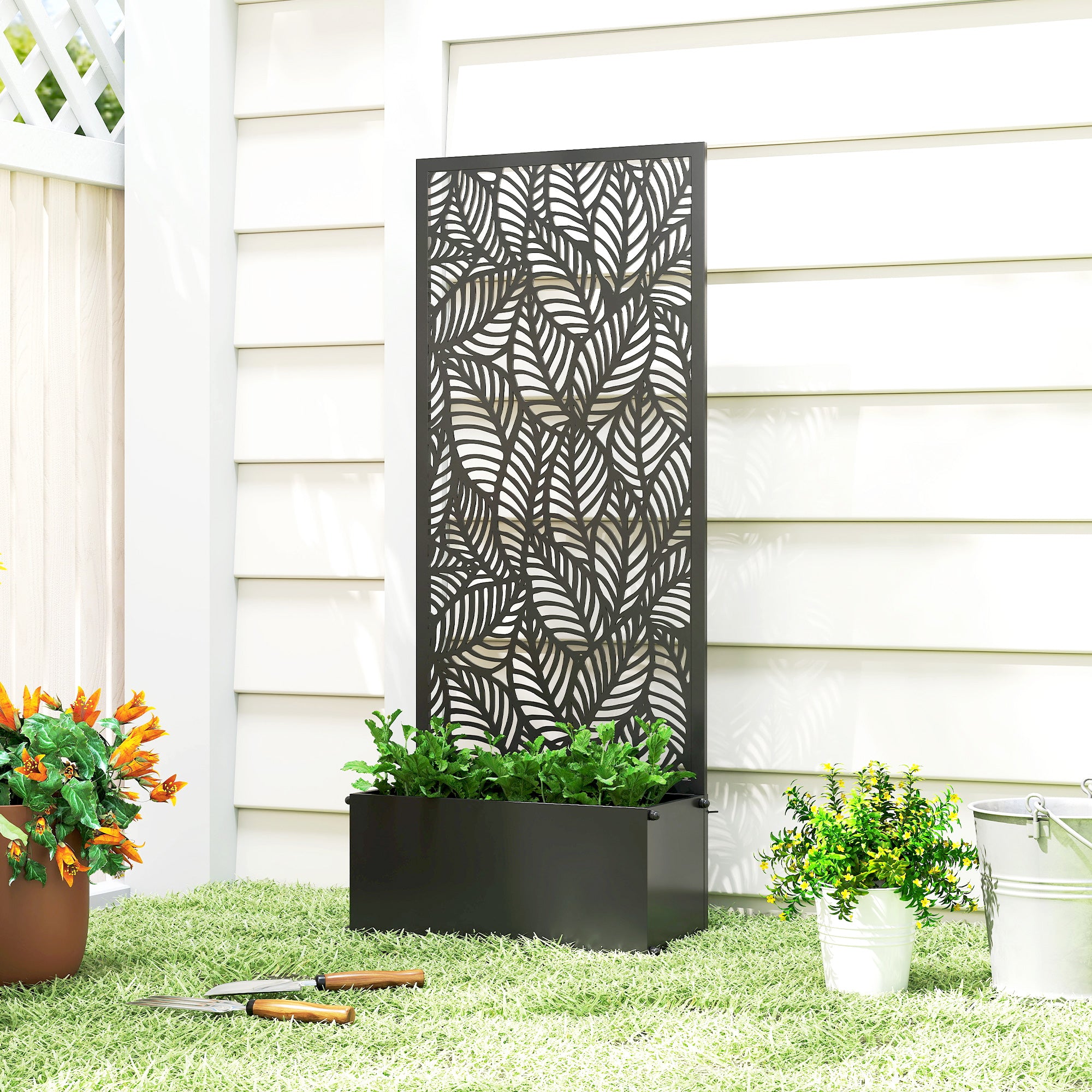 Metal Planter with Trellis — Raised Flower Bed with Privacy Screen, Leaf-Cut Design, for Climbers, Vegetables & Flowers, 45 x 21.5 x 110 cm (Black)