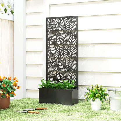 Metal Planter with Trellis — Raised Flower Bed with Privacy Screen, Leaf-Cut Design, for Climbers, Vegetables & Flowers, 45 x 21.5 x 110 cm (Black)