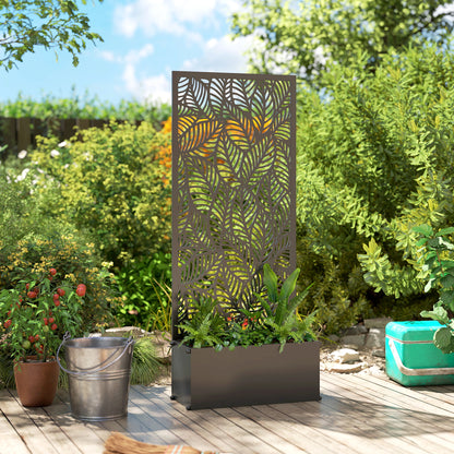 Metal Planter with Trellis — Raised Flower Bed with Privacy Screen, Leaf-Cut Design, for Climbers, Vegetables & Flowers, 45 x 21.5 x 110 cm (Black)