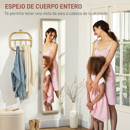 Full Length Mirror 157x37 cm Floor Standing or Wall Mounted Mirror with MDF Frame and Stand for Living Room Bedroom White and Natural