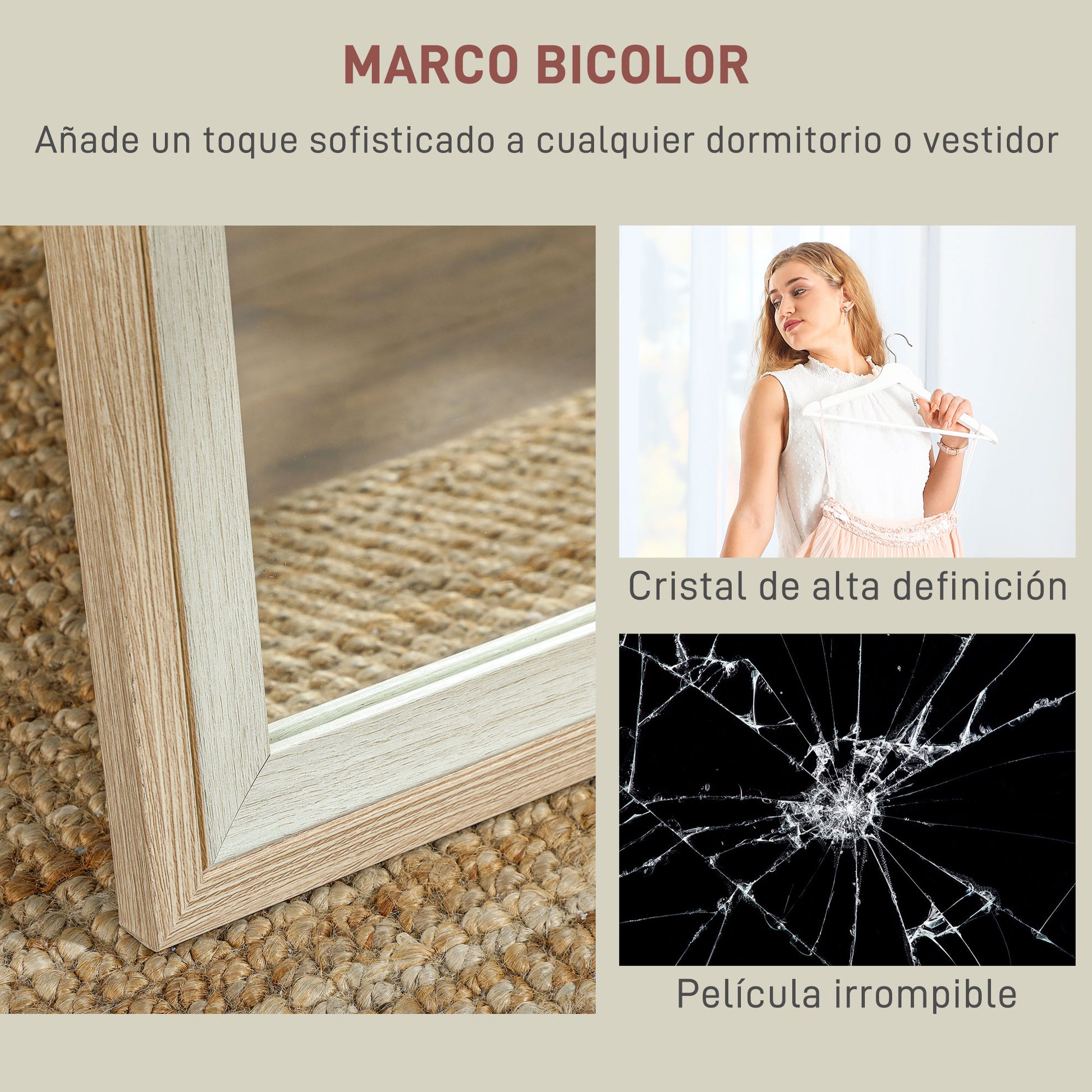 Full Length Mirror 157x37 cm Floor Standing or Wall Mounted Mirror with MDF Frame and Stand for Living Room Bedroom White and Natural