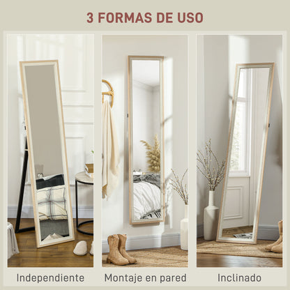 Full Length Mirror 157x37 cm Floor Standing or Wall Mounted Mirror with MDF Frame and Stand for Living Room Bedroom White and Natural