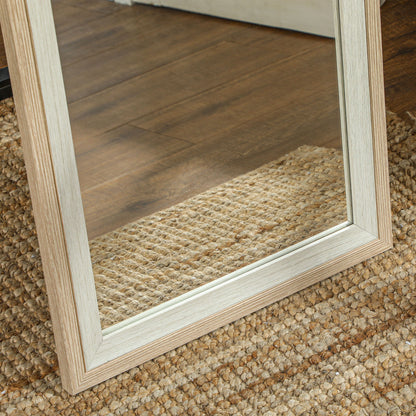 Full Length Mirror 157x37 cm Floor Standing or Wall Mounted Mirror with MDF Frame and Stand for Living Room Bedroom White and Natural