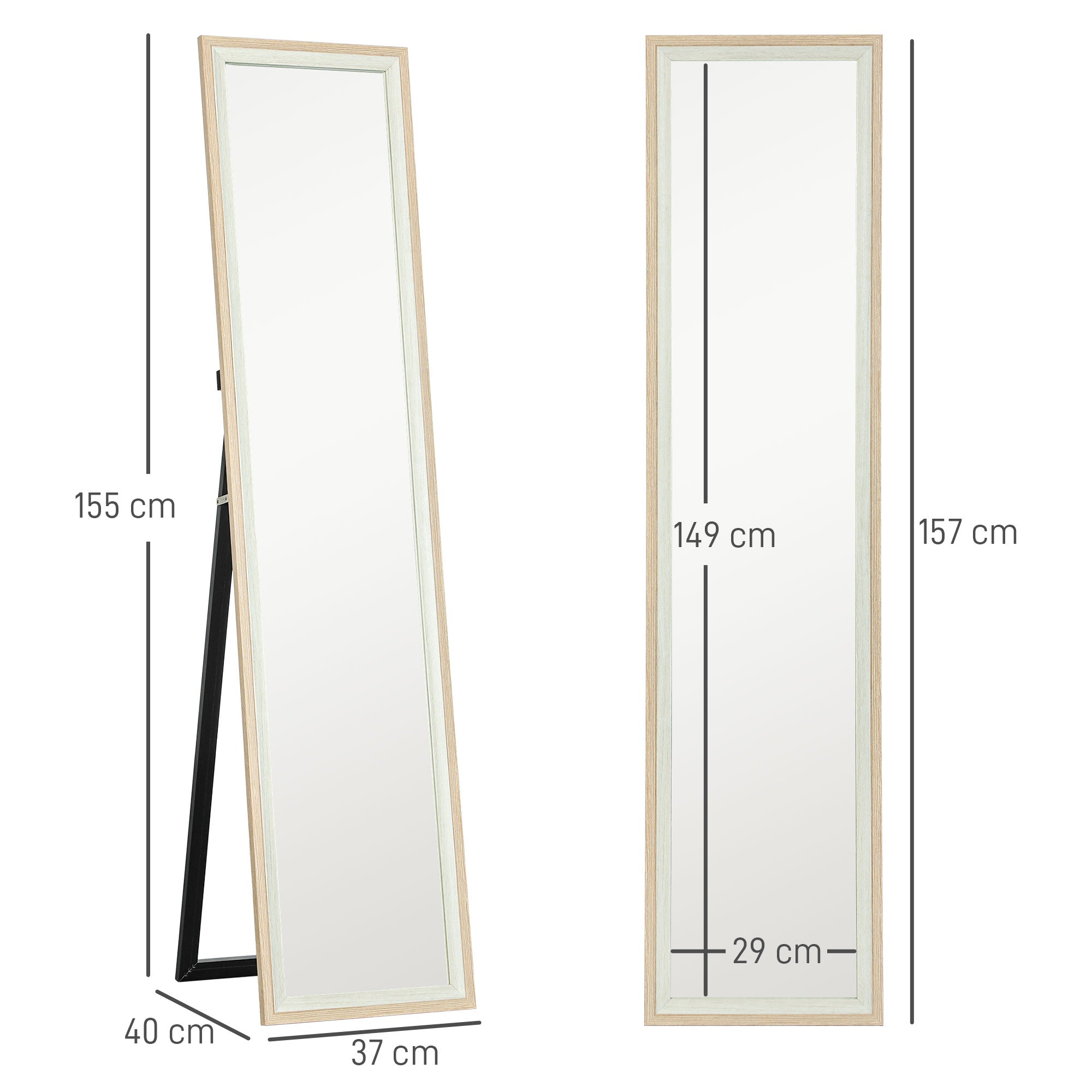 Full Length Mirror 157x37 cm Floor Standing or Wall Mounted Mirror with MDF Frame and Stand for Living Room Bedroom White and Natural