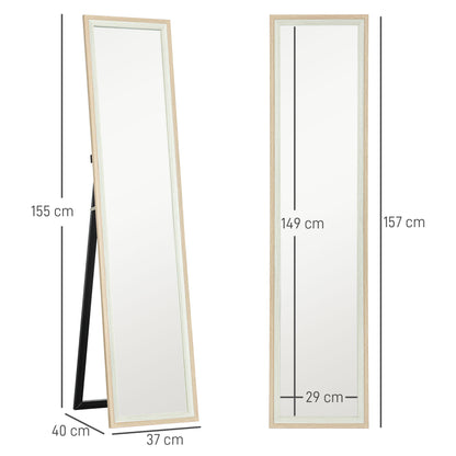 Full Length Mirror 157x37 cm Floor Standing or Wall Mounted Mirror with MDF Frame and Stand for Living Room Bedroom White and Natural