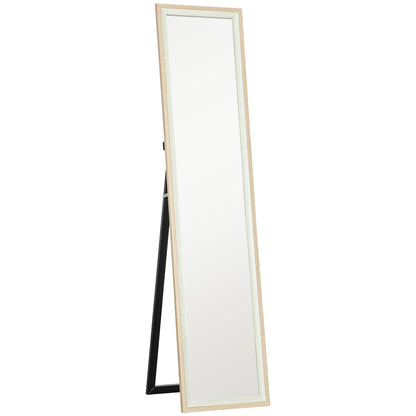 Full Length Mirror 157x37 cm Floor Standing or Wall Mounted Mirror with MDF Frame and Stand for Living Room Bedroom White and Natural