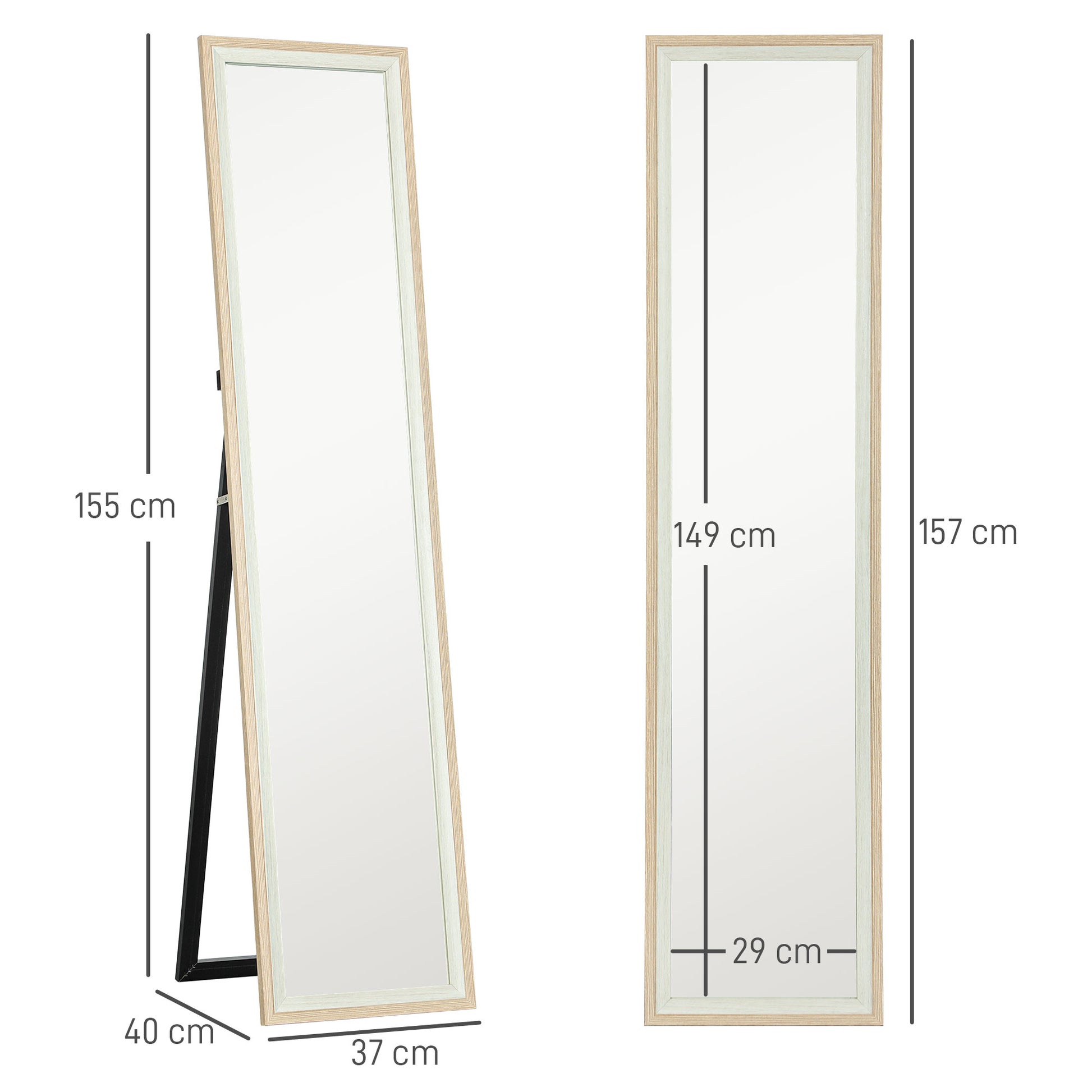 Full Length Mirror 157x37 cm Floor Standing or Wall Mounted Mirror with MDF Frame and Stand for Living Room Bedroom White and Natural