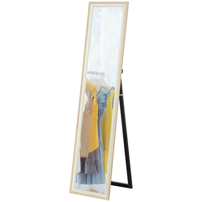 Full Length Mirror 157x37 cm Floor Standing or Wall Mounted Mirror with MDF Frame and Stand for Living Room Bedroom White and Natural
