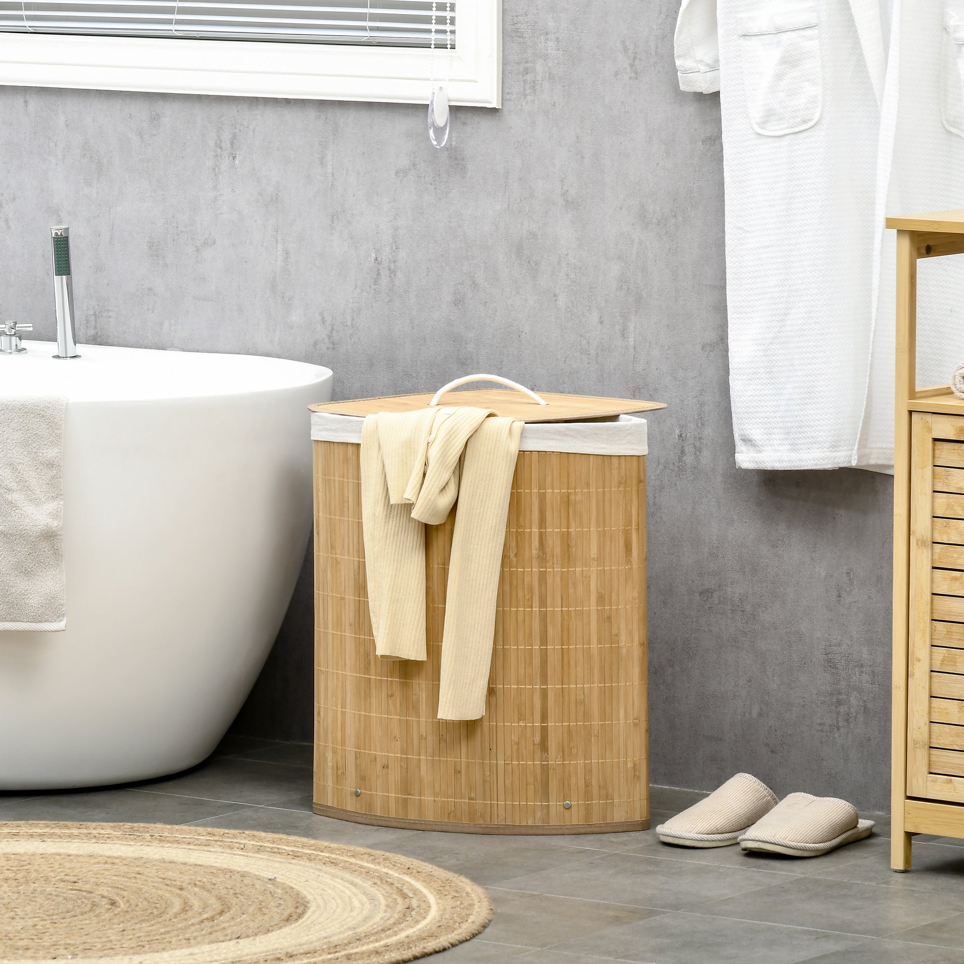 Bamboo Laundry Basket with Lid 55L Laundry Collector with Handles, Removable Laundry Bag, Corner Laundry Bin Laundry Baskets for Laundry Room Bathroom Bedroom Natural