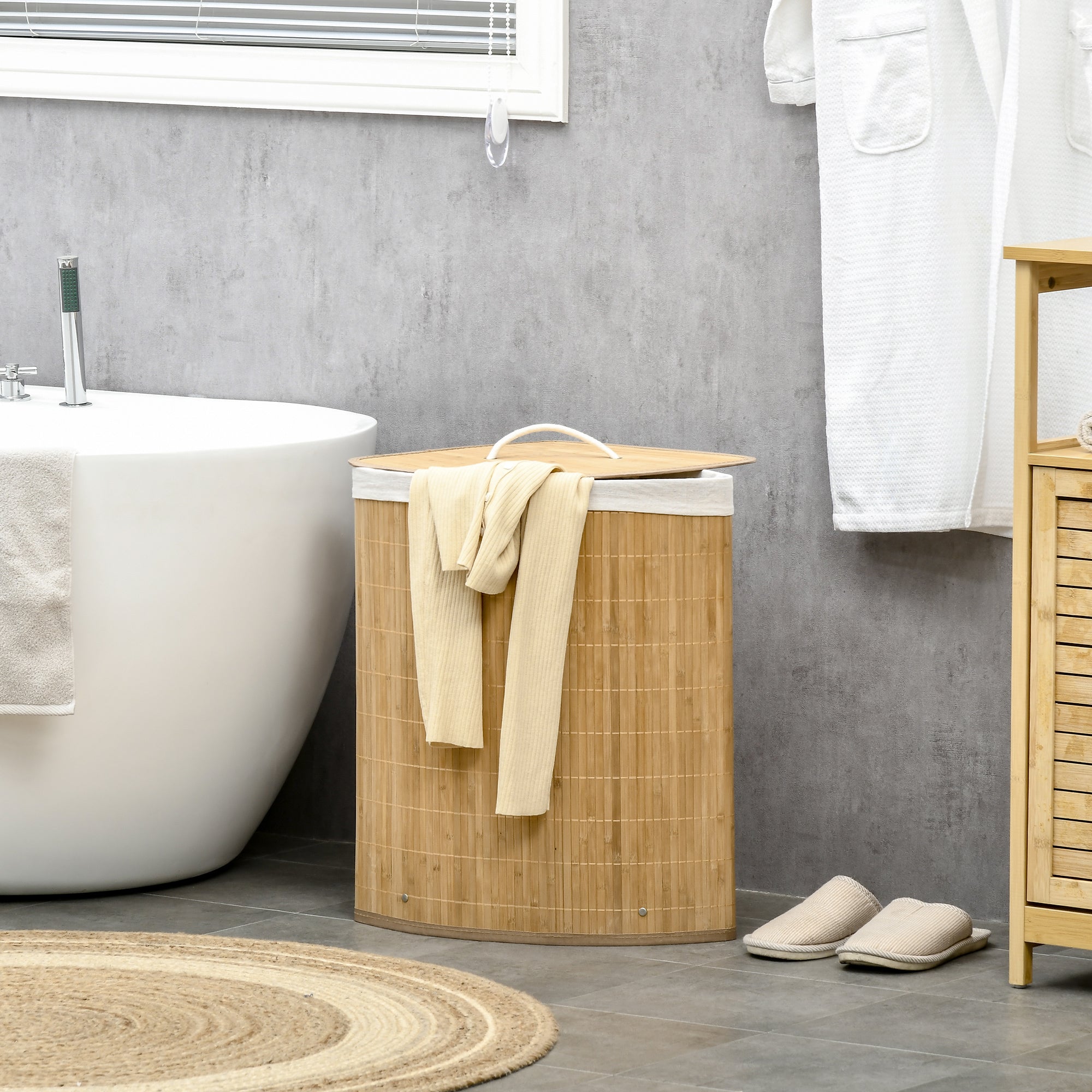 Bamboo Laundry Basket with Lid 55L Laundry Collector with Handles, Removable Laundry Bag, Corner Laundry Bin Laundry Baskets for Laundry Room Bathroom Bedroom Natural