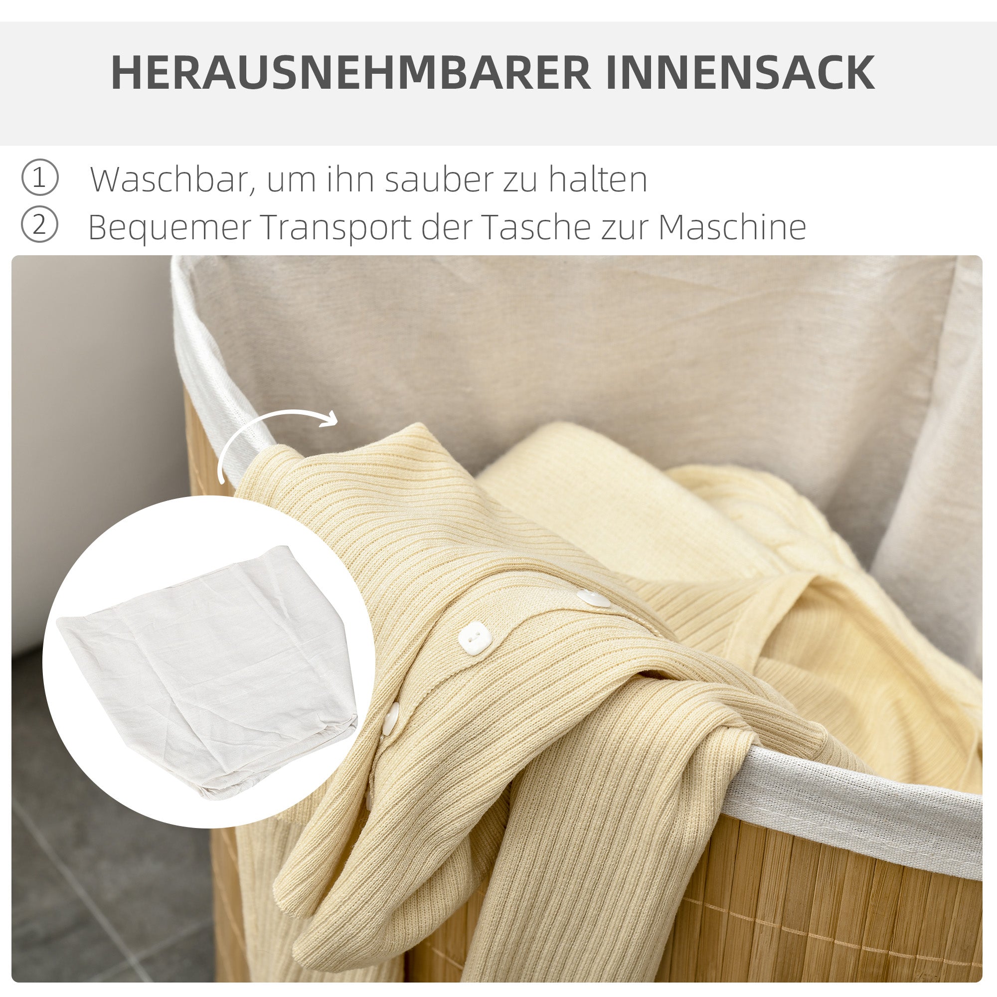 Bamboo Laundry Basket with Lid 55L Laundry Collector with Handles, Removable Laundry Bag, Corner Laundry Bin Laundry Baskets for Laundry Room Bathroom Bedroom Natural