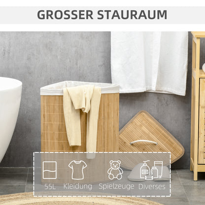 Bamboo Laundry Basket with Lid 55L Laundry Collector with Handles, Removable Laundry Bag, Corner Laundry Bin Laundry Baskets for Laundry Room Bathroom Bedroom Natural