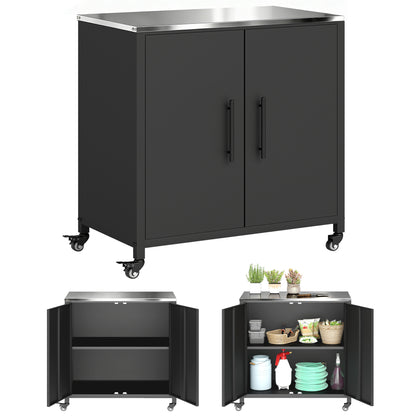 Potting Bench with Cabinet — Metal Outdoor Garden Cabinet with Stainless-Steel Worktop, Removable Shelf, Magnetic Double Doors, Locking Casters — 31.5 x 19.7 x 35.4 in (80 x 50 x 90 cm)