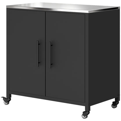 Potting Bench with Cabinet — Metal Outdoor Garden Cabinet with Stainless-Steel Worktop, Removable Shelf, Magnetic Double Doors, Locking Casters — 31.5 x 19.7 x 35.4 in (80 x 50 x 90 cm)