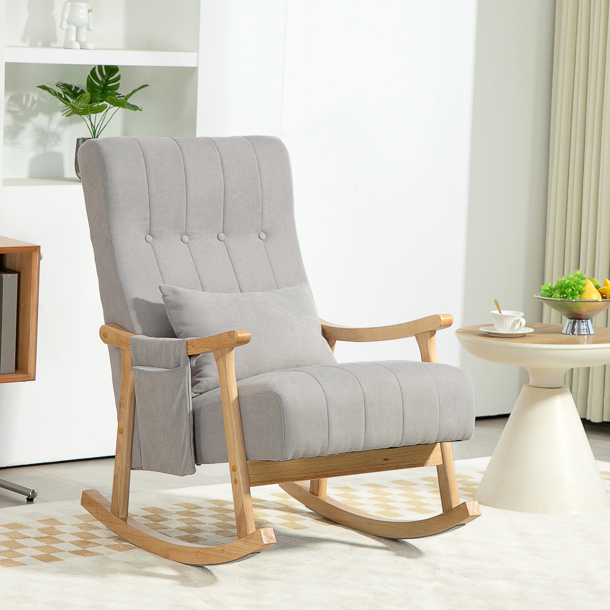 Rocking Chair Rocking Armchair with Backrest, Lumbar Pillow, Wooden Rockers, Armchair, Recliner with Linen Look Soft Rocking Chair Nursing Chair for Living Room, Bedroom Gray