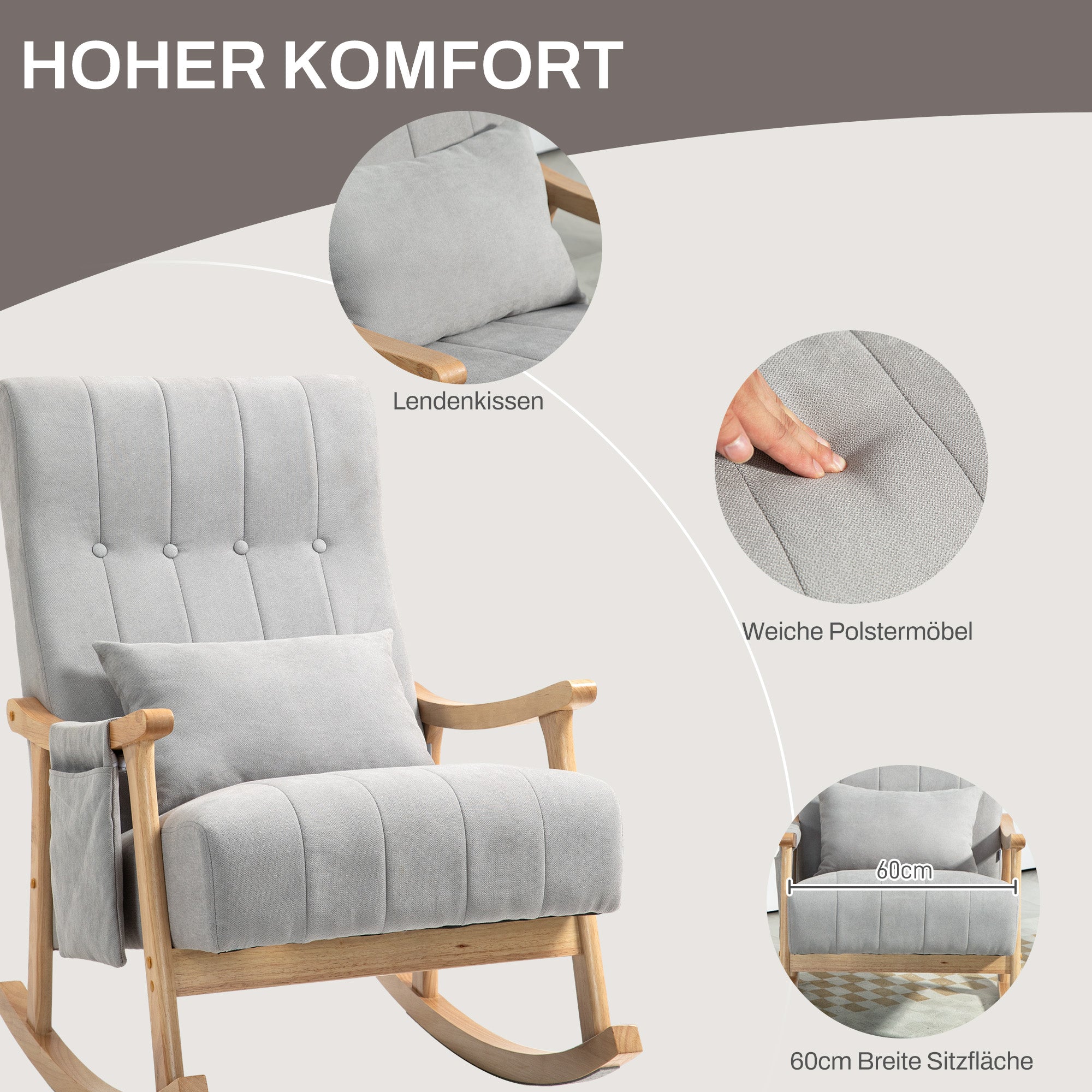 Rocking Chair Rocking Armchair with Backrest, Lumbar Pillow, Wooden Rockers, Armchair, Recliner with Linen Look Soft Rocking Chair Nursing Chair for Living Room, Bedroom Gray