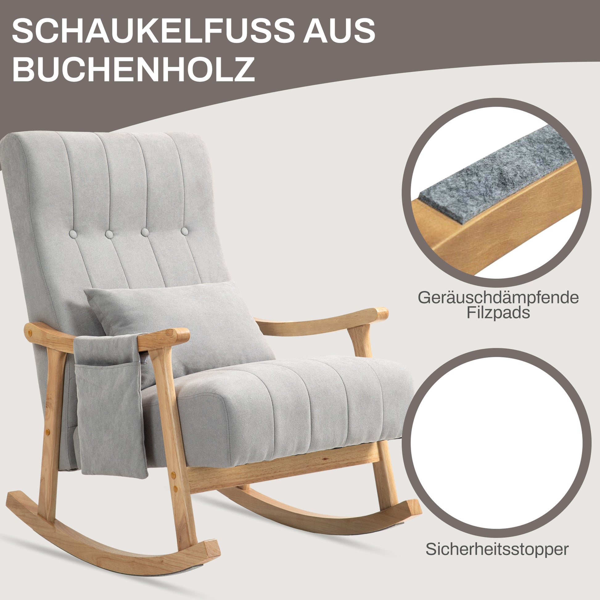 Rocking Chair Rocking Armchair with Backrest, Lumbar Pillow, Wooden Rockers, Armchair, Recliner with Linen Look Soft Rocking Chair Nursing Chair for Living Room, Bedroom Gray