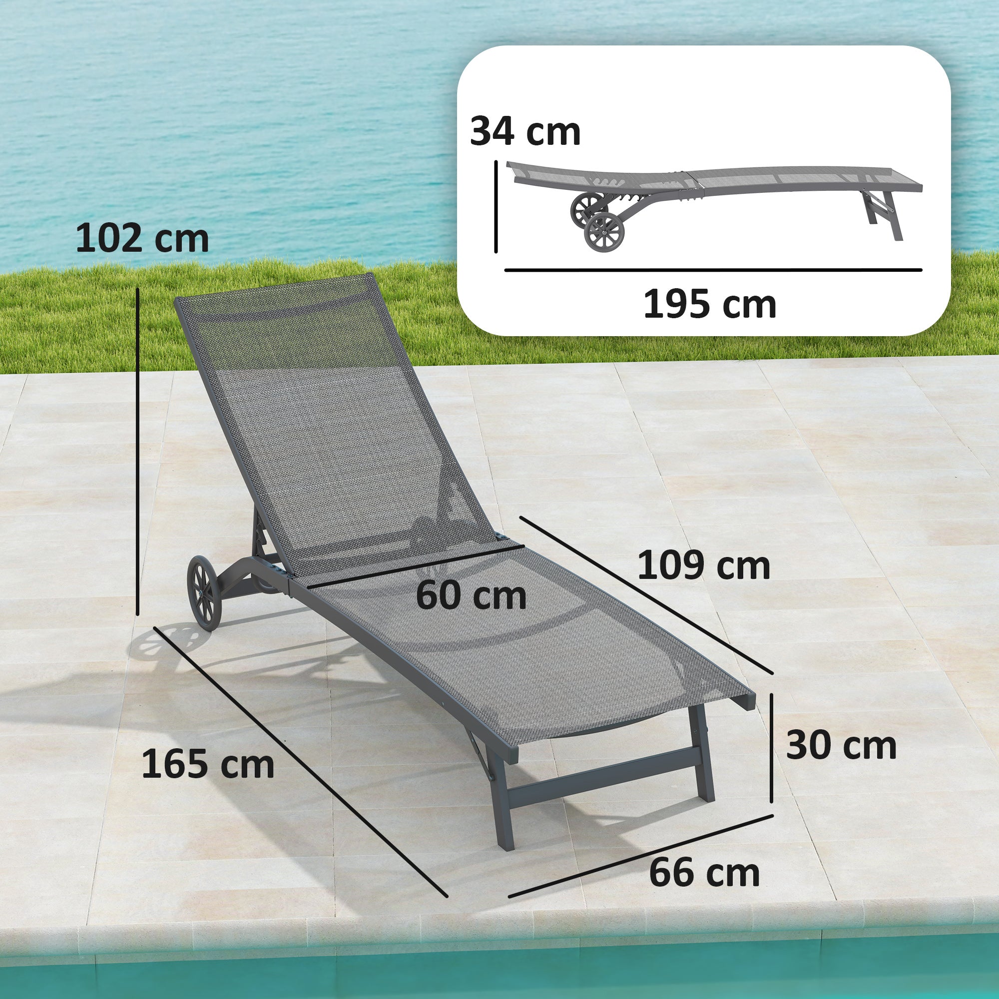 Sun Lounger with Wheels, Aluminum Garden Lounger with 5-Position Adjustable Backrest, Weather-Resistant Camping Lounger, Garden Chair up to 150 kg Load Capacity, for Garden Holidays Beach Pool, Dark Gray