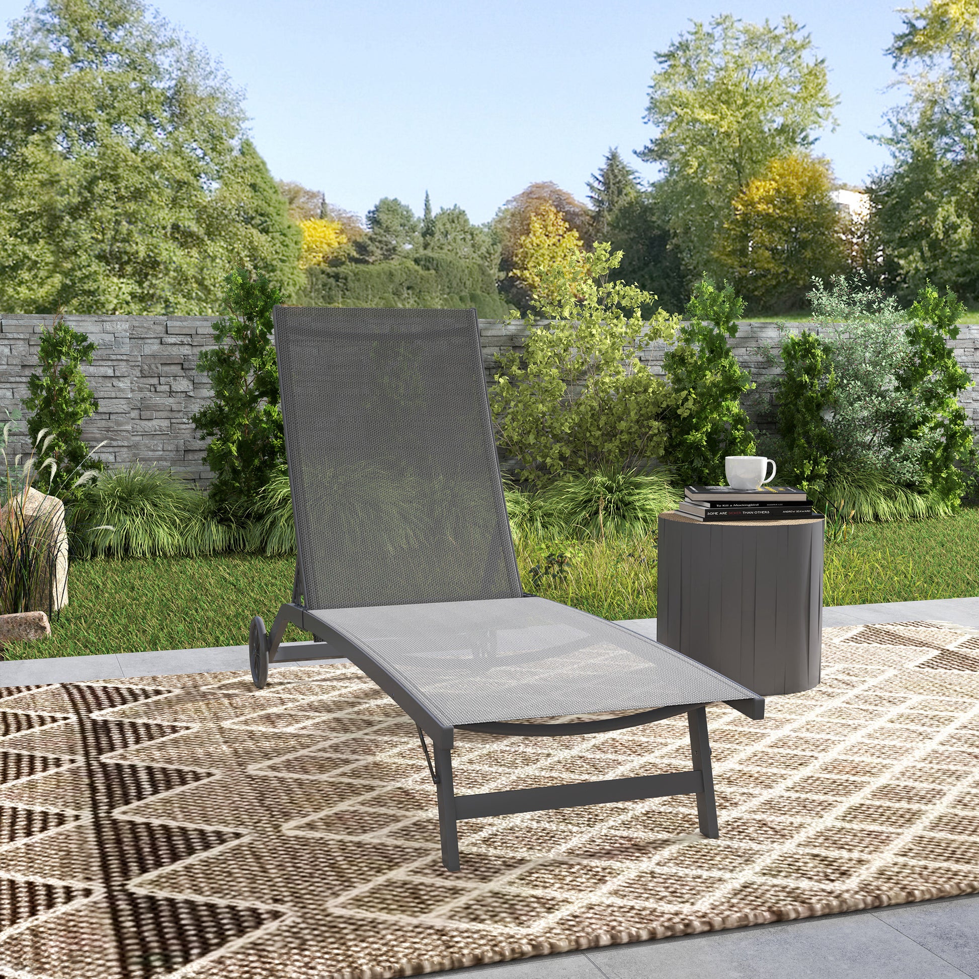Sun Lounger with Wheels, Aluminum Garden Lounger with 5-Position Adjustable Backrest, Weather-Resistant Camping Lounger, Garden Chair up to 150 kg Load Capacity, for Garden Holidays Beach Pool, Dark Gray