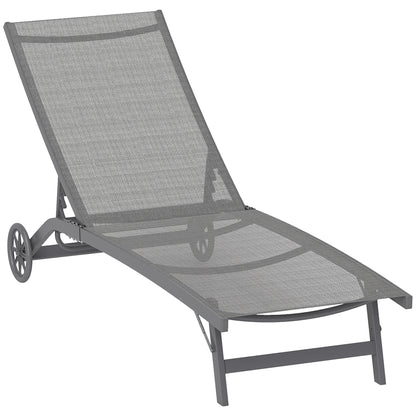 Sun Lounger with Wheels, Aluminum Garden Lounger with 5-Position Adjustable Backrest, Weather-Resistant Camping Lounger, Garden Chair up to 150 kg Load Capacity, for Garden Holidays Beach Pool, Dark Gray