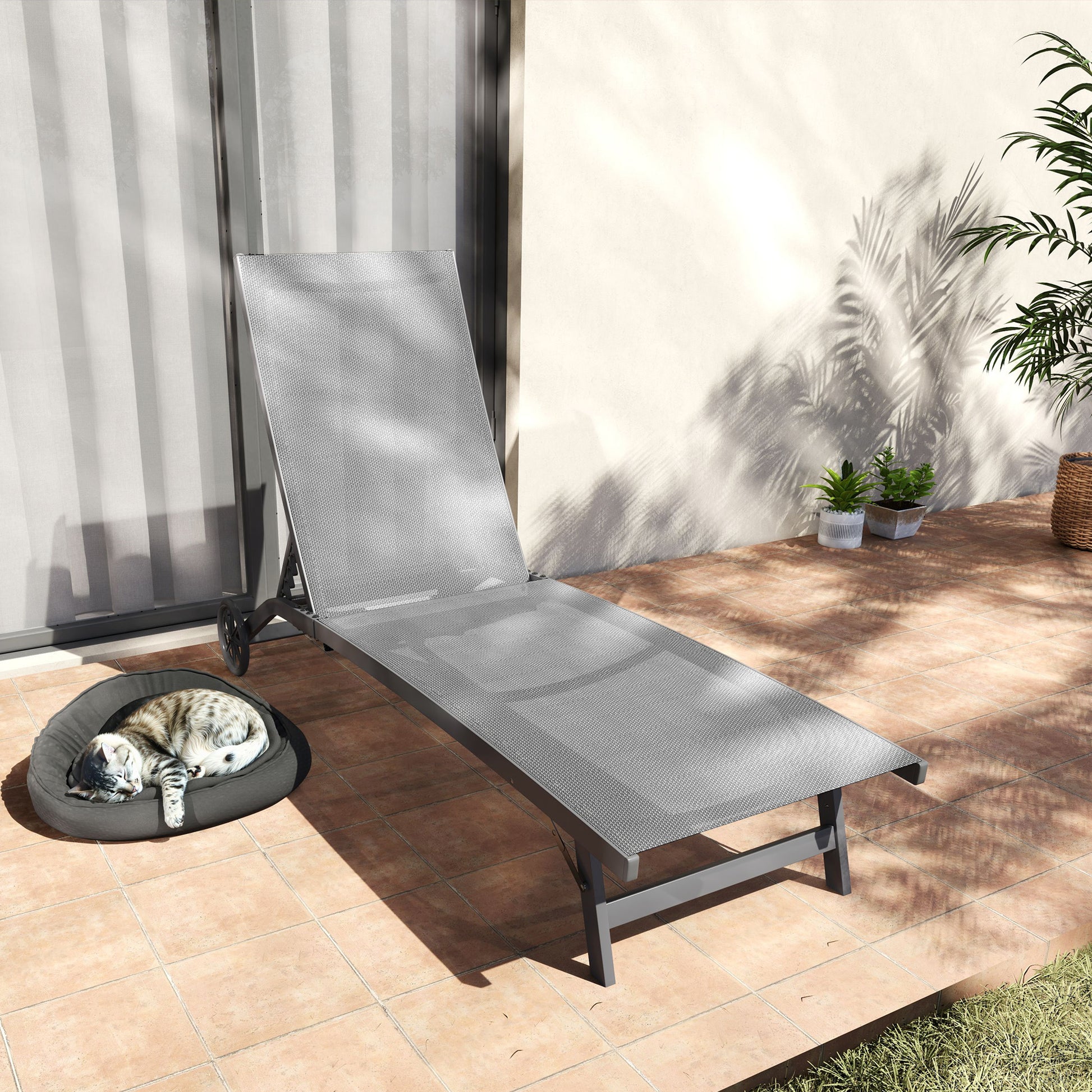 Sun Lounger with Wheels, Aluminum Garden Lounger with 5-Position Adjustable Backrest, Weather-Resistant Camping Lounger, Garden Chair up to 150 kg Load Capacity, for Garden Holidays Beach Pool, Dark Gray