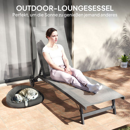 Sun Lounger with Wheels, Aluminum Garden Lounger with 5-Position Adjustable Backrest, Weather-Resistant Camping Lounger, Garden Chair up to 150 kg Load Capacity, for Garden Holidays Beach Pool, Dark Gray