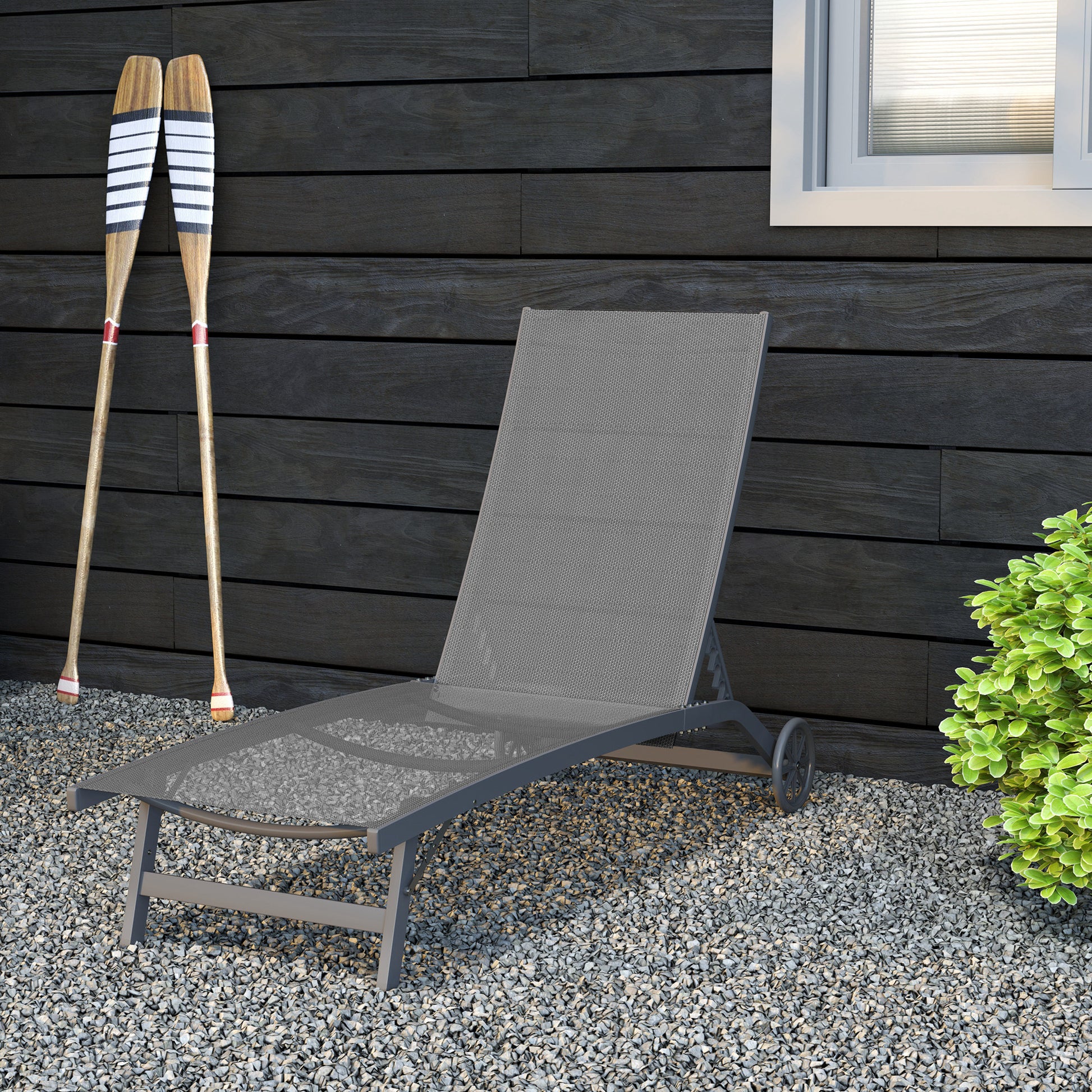 Sun Lounger with Wheels, Aluminum Garden Lounger with 5-Position Adjustable Backrest, Weather-Resistant Camping Lounger, Garden Chair up to 150 kg Load Capacity, for Garden Holidays Beach Pool, Dark Gray