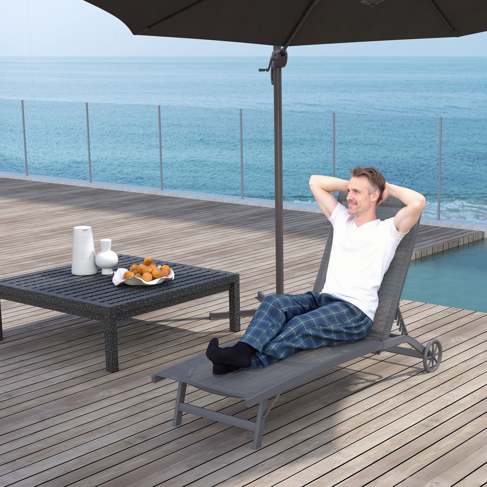Sun Lounger with Wheels, Aluminum Garden Lounger with 5-Position Adjustable Backrest, Weather-Resistant Camping Lounger, Garden Chair up to 150 kg Load Capacity, for Garden Holidays Beach Pool, Dark Gray