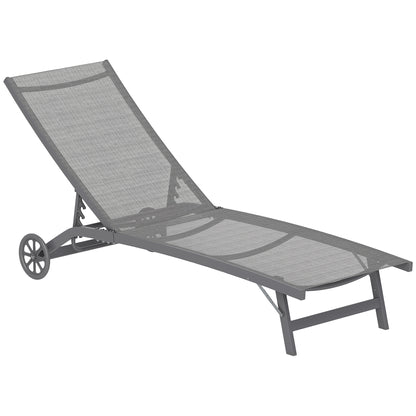 Sun Lounger with Wheels, Aluminum Garden Lounger with 5-Position Adjustable Backrest, Weather-Resistant Camping Lounger, Garden Chair up to 150 kg Load Capacity, for Garden Holidays Beach Pool, Dark Gray