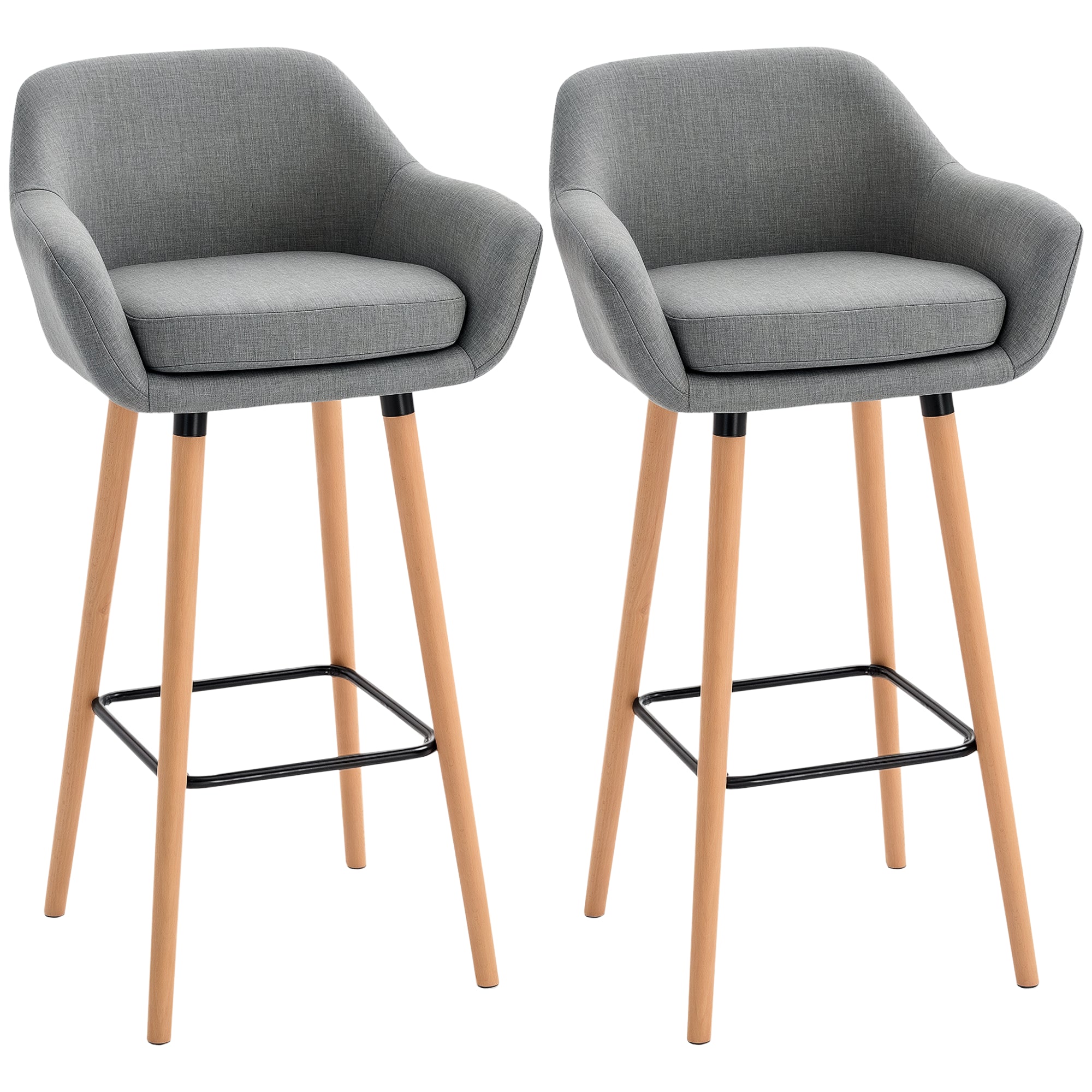 2-Piece Bar Stool Set, Bar Chair with Seat Cushion, Wooden Legs, Backrest and Armrests, Kitchen Chairs with Wooden Footrest, Counter Stools for Kitchen, Living Room, Dining Room, Linen Look, Gray