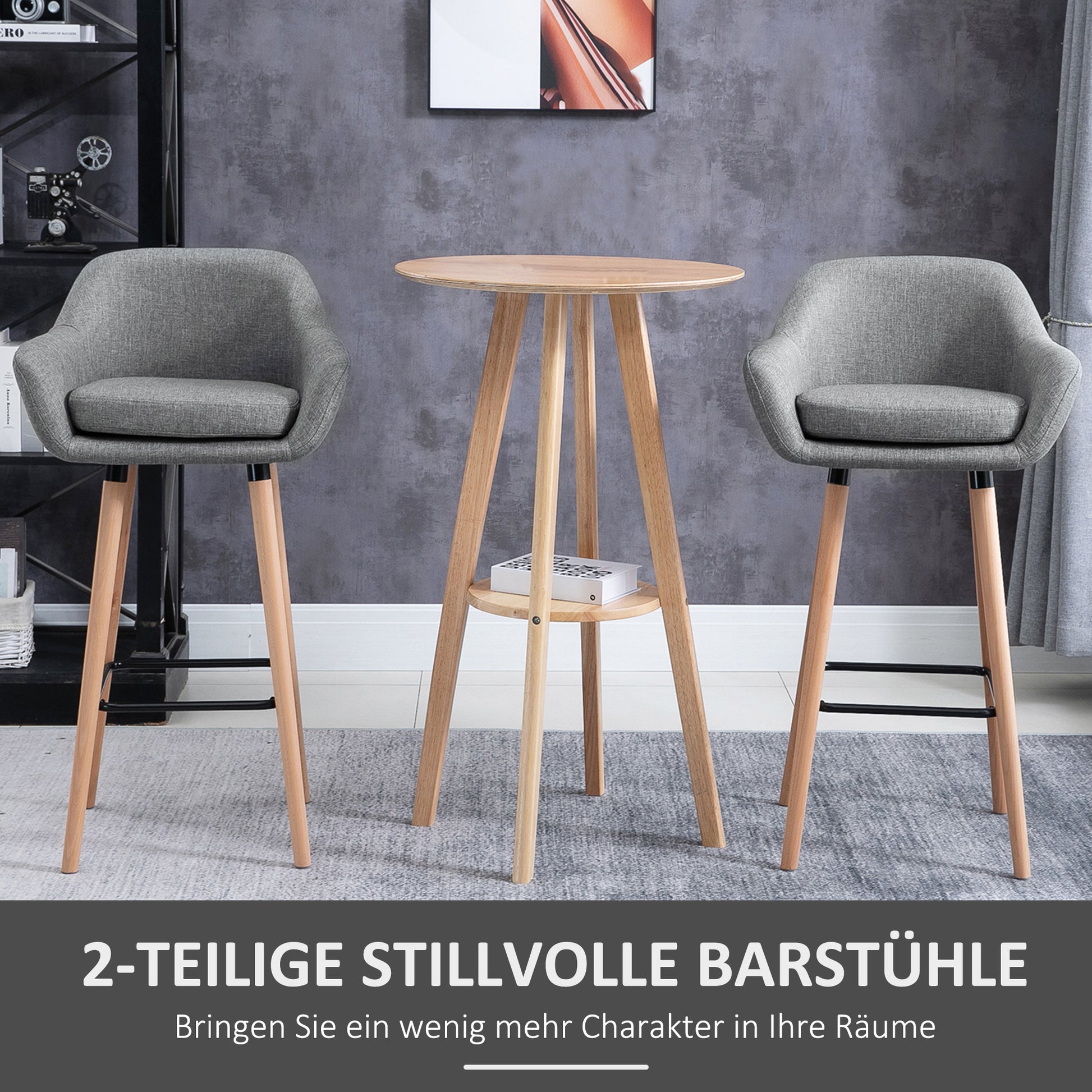 2-Piece Bar Stool Set, Bar Chair with Seat Cushion, Wooden Legs, Backrest and Armrests, Kitchen Chairs with Wooden Footrest, Counter Stools for Kitchen, Living Room, Dining Room, Linen Look, Gray