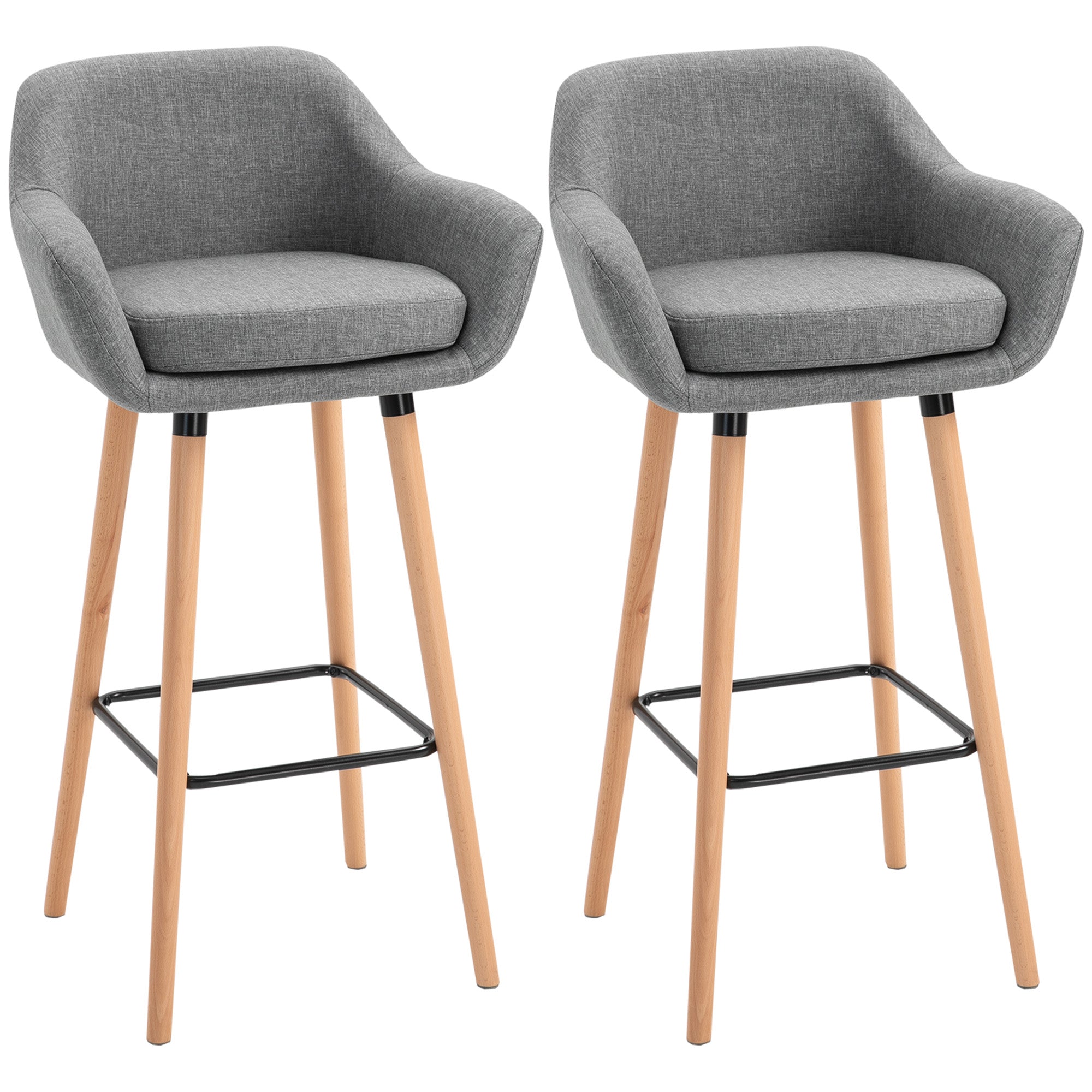 2-Piece Bar Stool Set, Bar Chair with Seat Cushion, Wooden Legs, Backrest and Armrests, Kitchen Chairs with Wooden Footrest, Counter Stools for Kitchen, Living Room, Dining Room, Linen Look, Gray