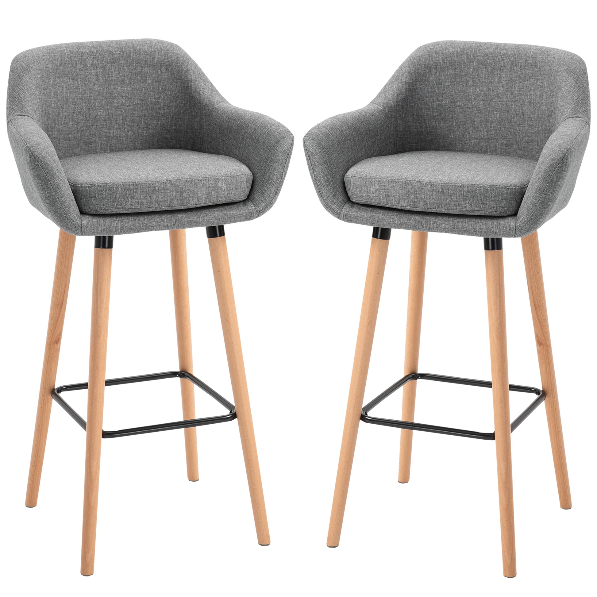 2-Piece Bar Stool Set, Bar Chair with Seat Cushion, Wooden Legs, Backrest and Armrests, Kitchen Chairs with Wooden Footrest, Counter Stools for Kitchen, Living Room, Dining Room, Linen Look, Gray