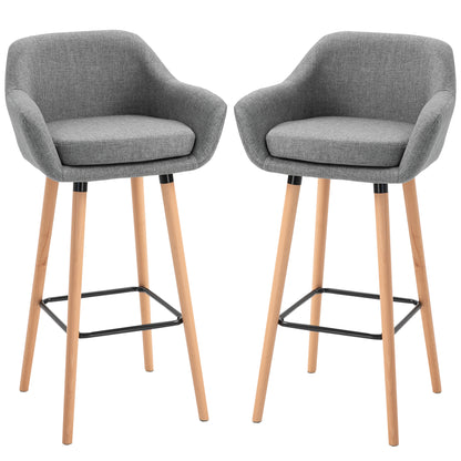 2-Piece Bar Stool Set, Bar Chair with Seat Cushion, Wooden Legs, Backrest and Armrests, Kitchen Chairs with Wooden Footrest, Counter Stools for Kitchen, Living Room, Dining Room, Linen Look, Gray