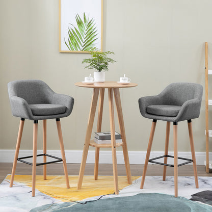 2-Piece Bar Stool Set, Bar Chair with Seat Cushion, Wooden Legs, Backrest and Armrests, Kitchen Chairs with Wooden Footrest, Counter Stools for Kitchen, Living Room, Dining Room, Linen Look, Gray