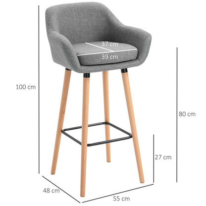 2-Piece Bar Stool Set, Bar Chair with Seat Cushion, Wooden Legs, Backrest and Armrests, Kitchen Chairs with Wooden Footrest, Counter Stools for Kitchen, Living Room, Dining Room, Linen Look, Gray