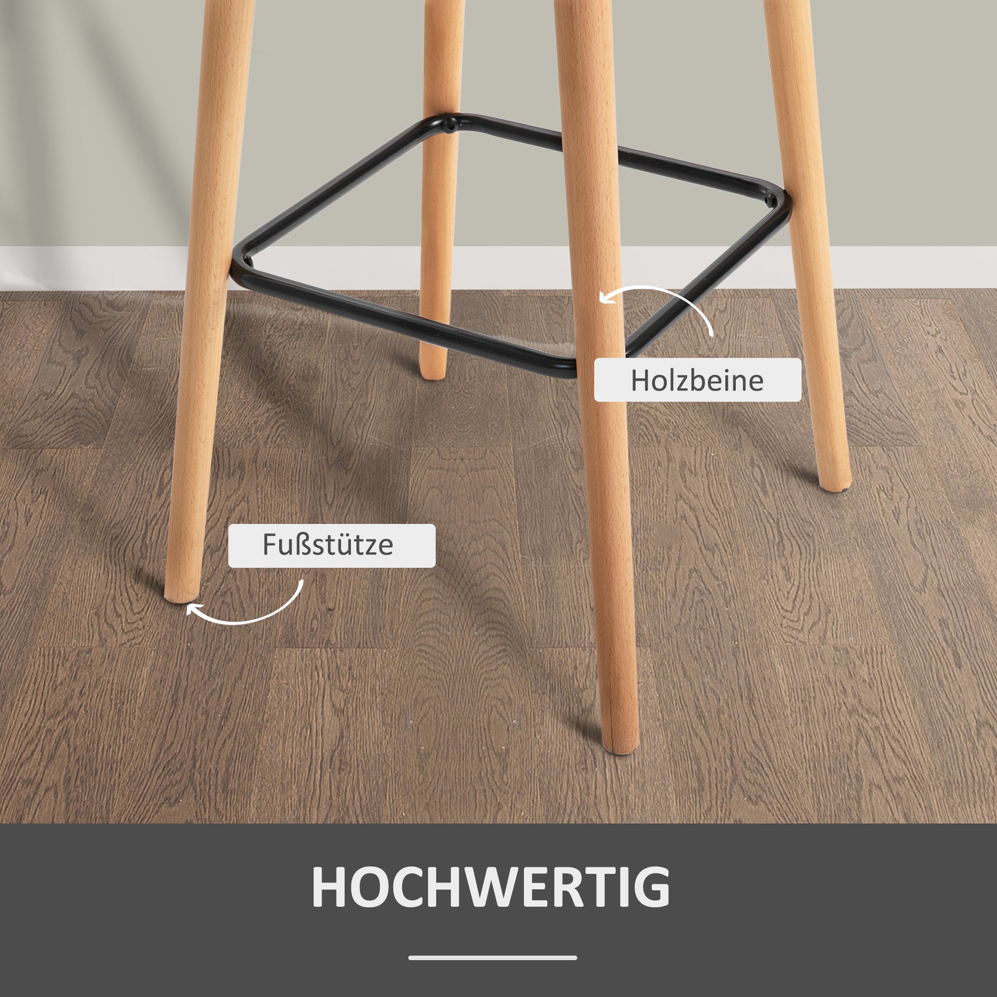 2-Piece Bar Stool Set, Bar Chair with Seat Cushion, Wooden Legs, Backrest and Armrests, Kitchen Chairs with Wooden Footrest, Counter Stools for Kitchen, Living Room, Dining Room, Linen Look, Gray
