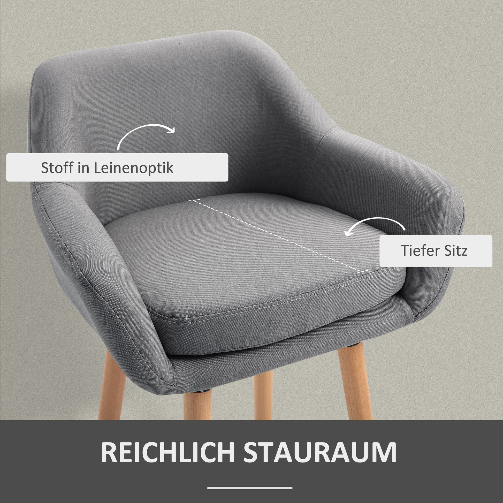 2-Piece Bar Stool Set, Bar Chair with Seat Cushion, Wooden Legs, Backrest and Armrests, Kitchen Chairs with Wooden Footrest, Counter Stools for Kitchen, Living Room, Dining Room, Linen Look, Gray