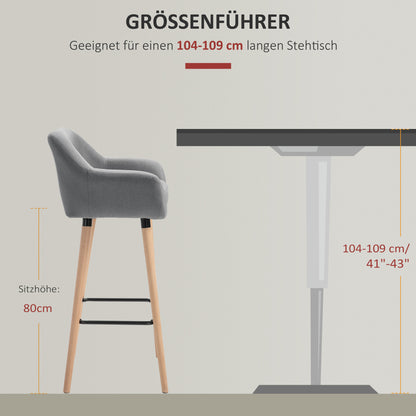 2-Piece Bar Stool Set, Bar Chair with Seat Cushion, Wooden Legs, Backrest and Armrests, Kitchen Chairs with Wooden Footrest, Counter Stools for Kitchen, Living Room, Dining Room, Linen Look, Gray