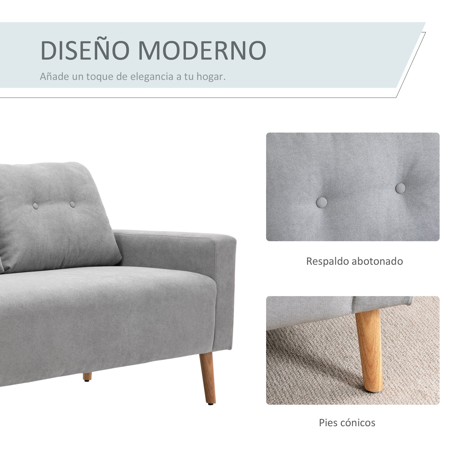 2-Seater Sofa Modern Upholstered in Polyester with 2 Cushions Armrests and Rubber Wood Legs for Bedroom Office 145x76x88 cm Gray