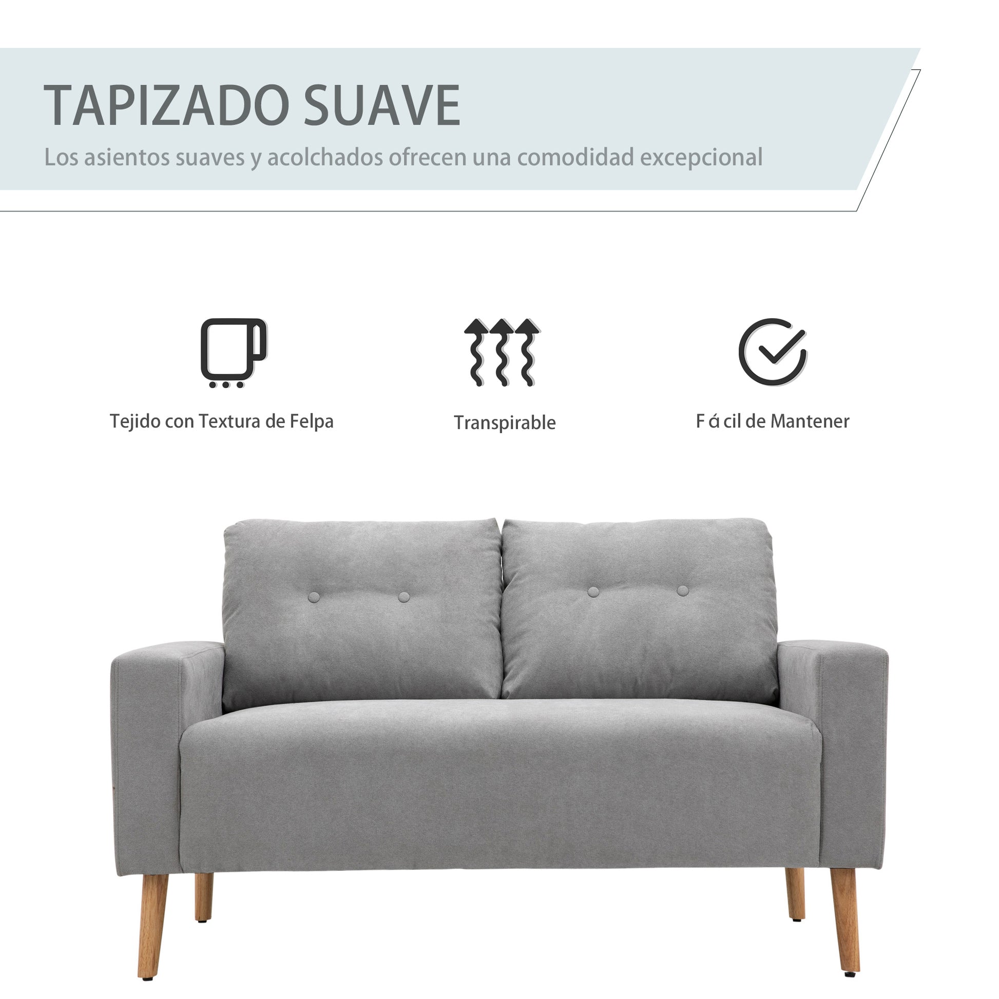 2-Seater Sofa Modern Upholstered in Polyester with 2 Cushions Armrests and Rubber Wood Legs for Bedroom Office 145x76x88 cm Gray