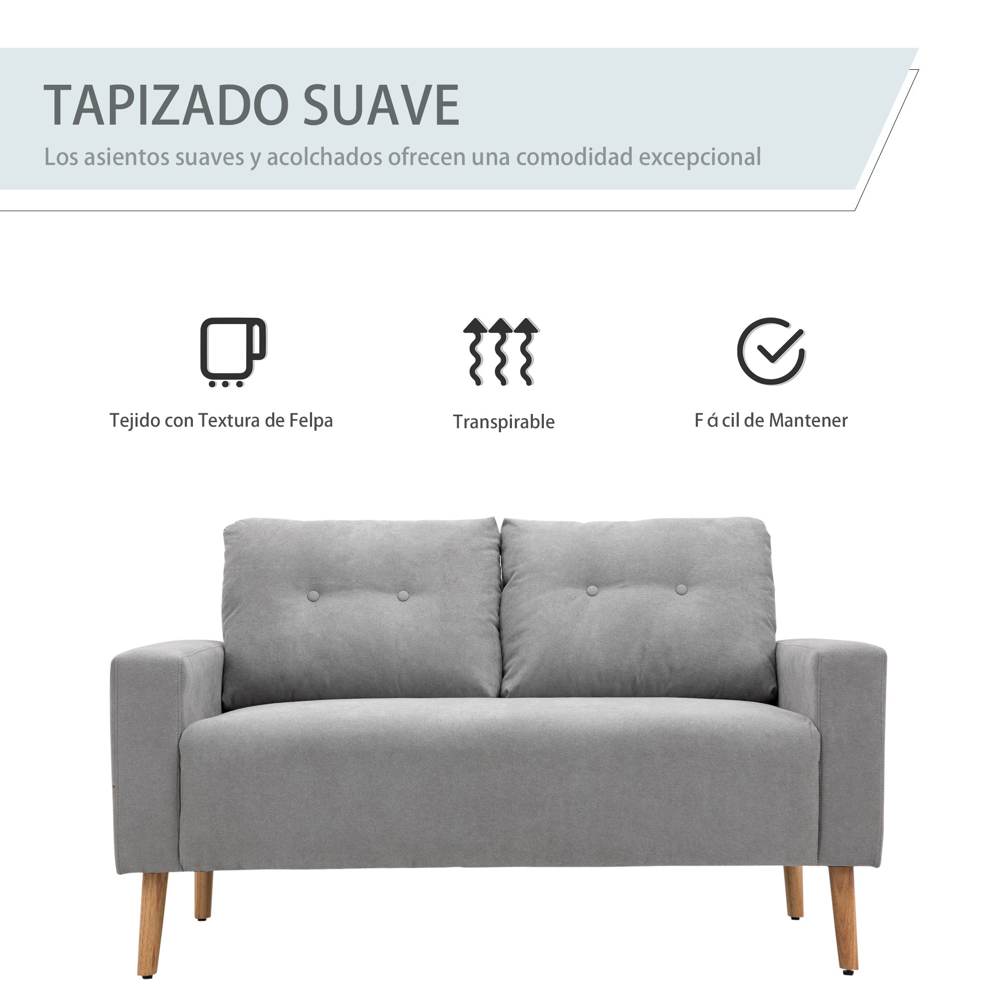2-Seater Sofa Modern Upholstered in Polyester with 2 Cushions Armrests and Rubber Wood Legs for Bedroom Office 145x76x88 cm Gray