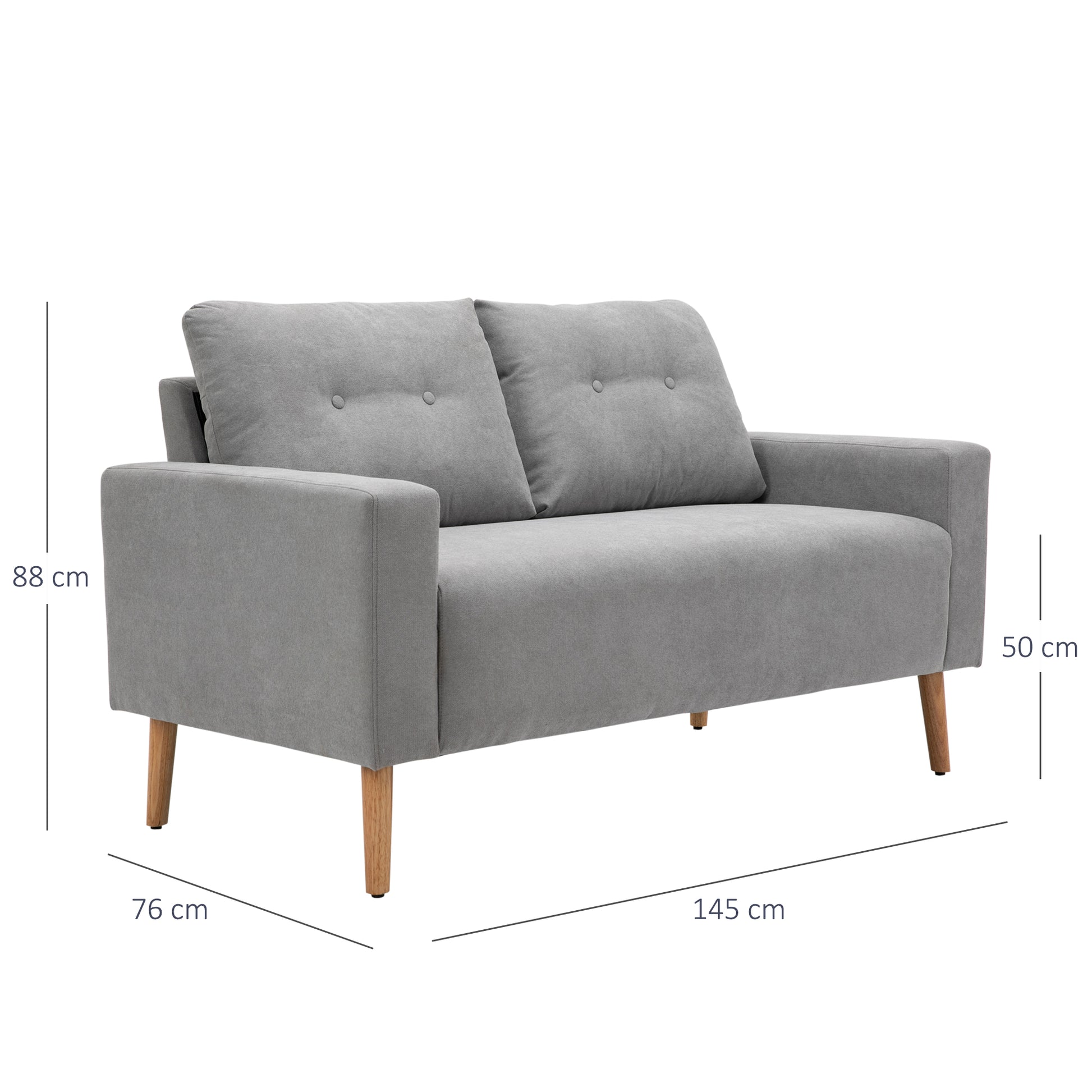 2-Seater Sofa Modern Upholstered in Polyester with 2 Cushions Armrests and Rubber Wood Legs for Bedroom Office 145x76x88 cm Gray
