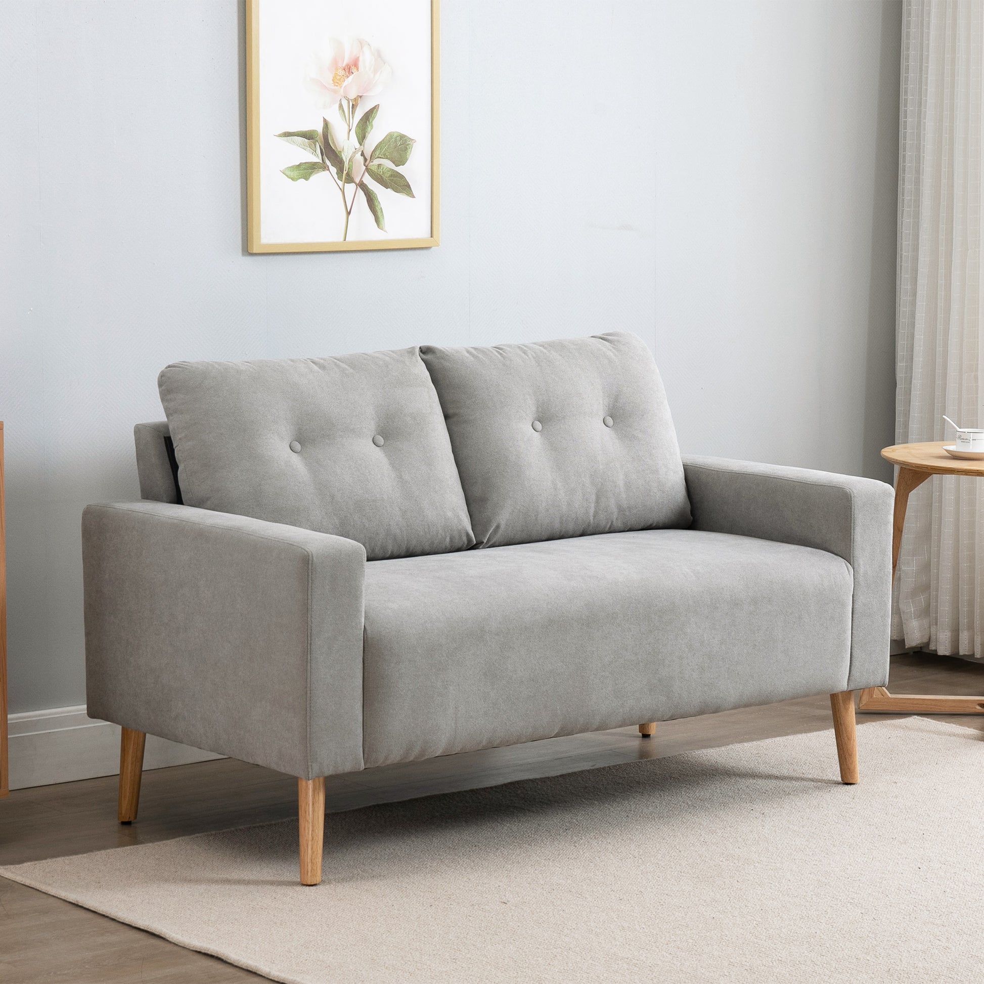 2-Seater Sofa Modern Upholstered in Polyester with 2 Cushions Armrests and Rubber Wood Legs for Bedroom Office 145x76x88 cm Gray