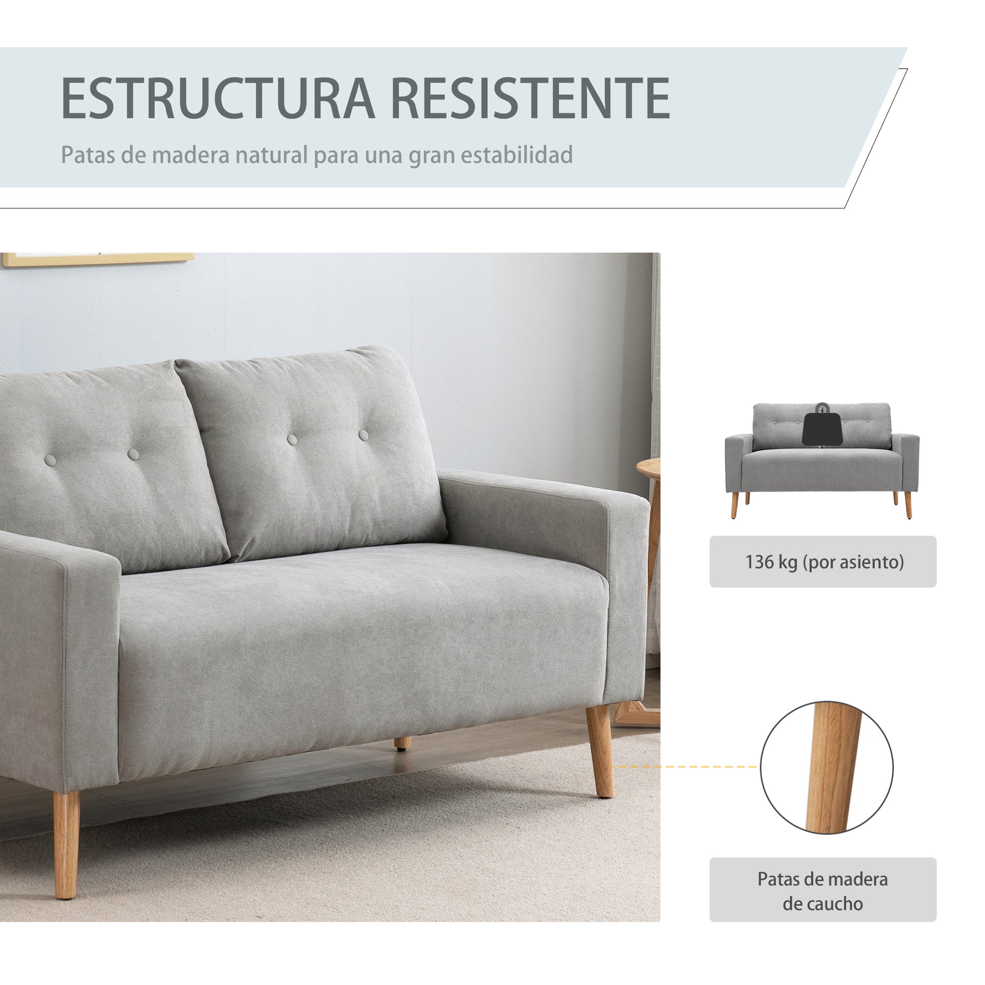 2-Seater Sofa Modern Upholstered in Polyester with 2 Cushions Armrests and Rubber Wood Legs for Bedroom Office 145x76x88 cm Gray