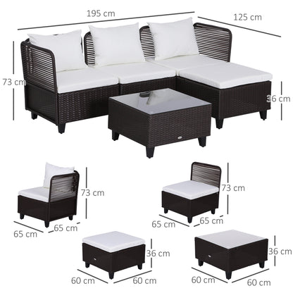 5-Piece Garden Furniture Set Glass-Topped Rattan 3 Armchairs 1 Footrest 1 Steel, Rattan