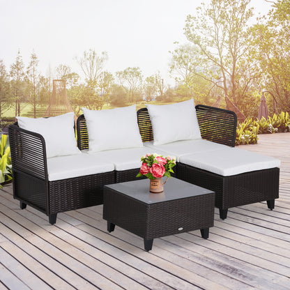5-Piece Garden Furniture Set Glass-Topped Rattan 3 Armchairs 1 Footrest 1 Steel, Rattan