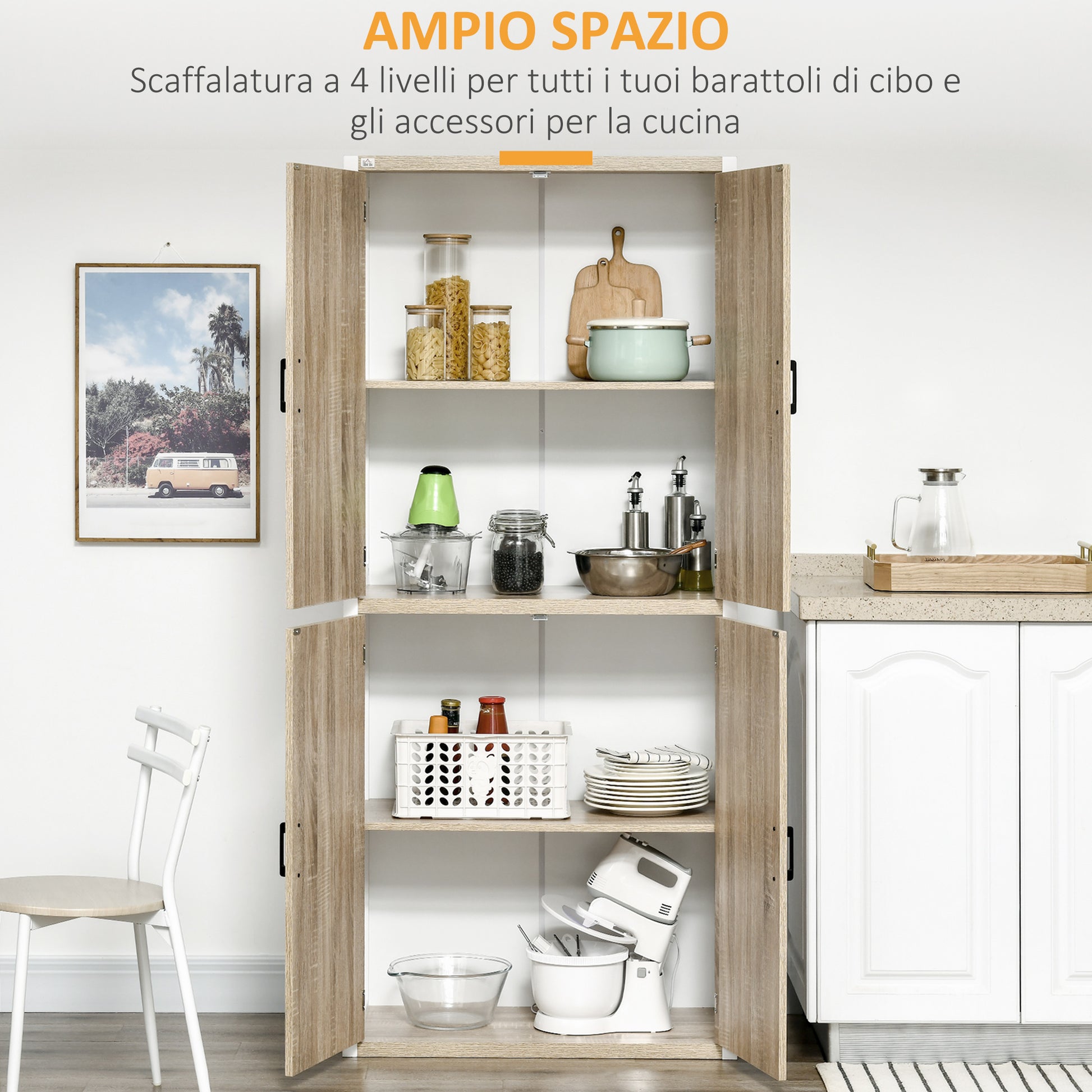 Kitchen Pantry Cabinet with 4 Adjustable Shelves, MDF Kitchen Pantry Cabinet, 4 Doors and Anti-Tipping Device, 80x40x182cm, Natural Wood and White