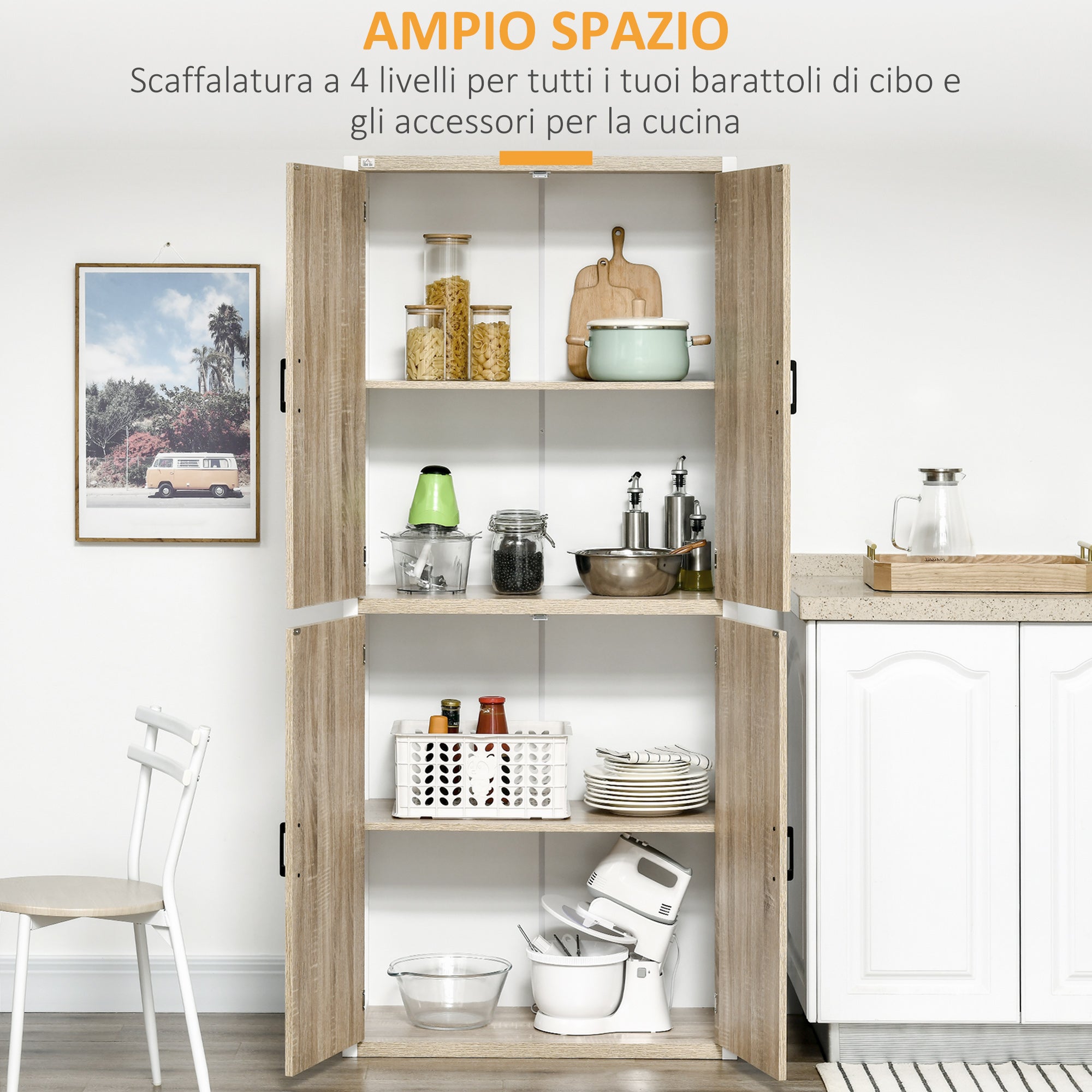 Kitchen Pantry Cabinet with 4 Adjustable Shelves, MDF Kitchen Pantry Cabinet, 4 Doors and Anti-Tipping Device, 80x40x182cm, Natural Wood and White